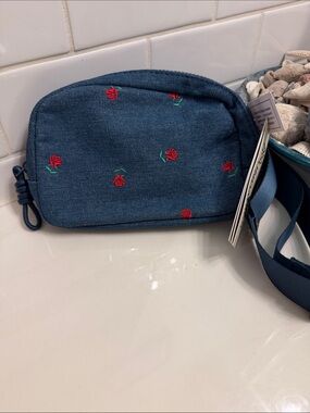 No Boundaries Denim Belt Bag with Red Rose Embroidery-NWT